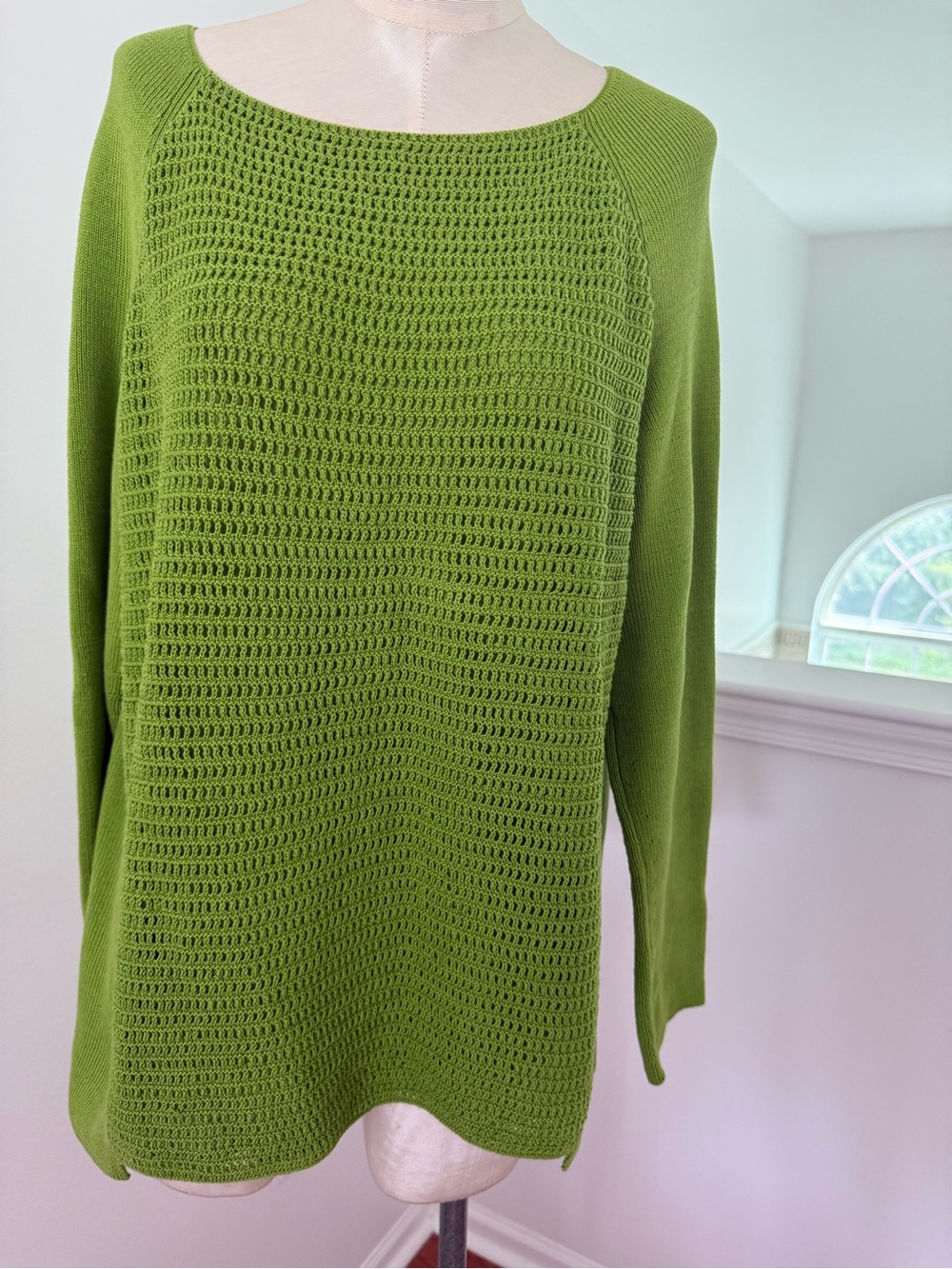 Lafayette 148 New York Green Scoop Neck Open Knit Sweater